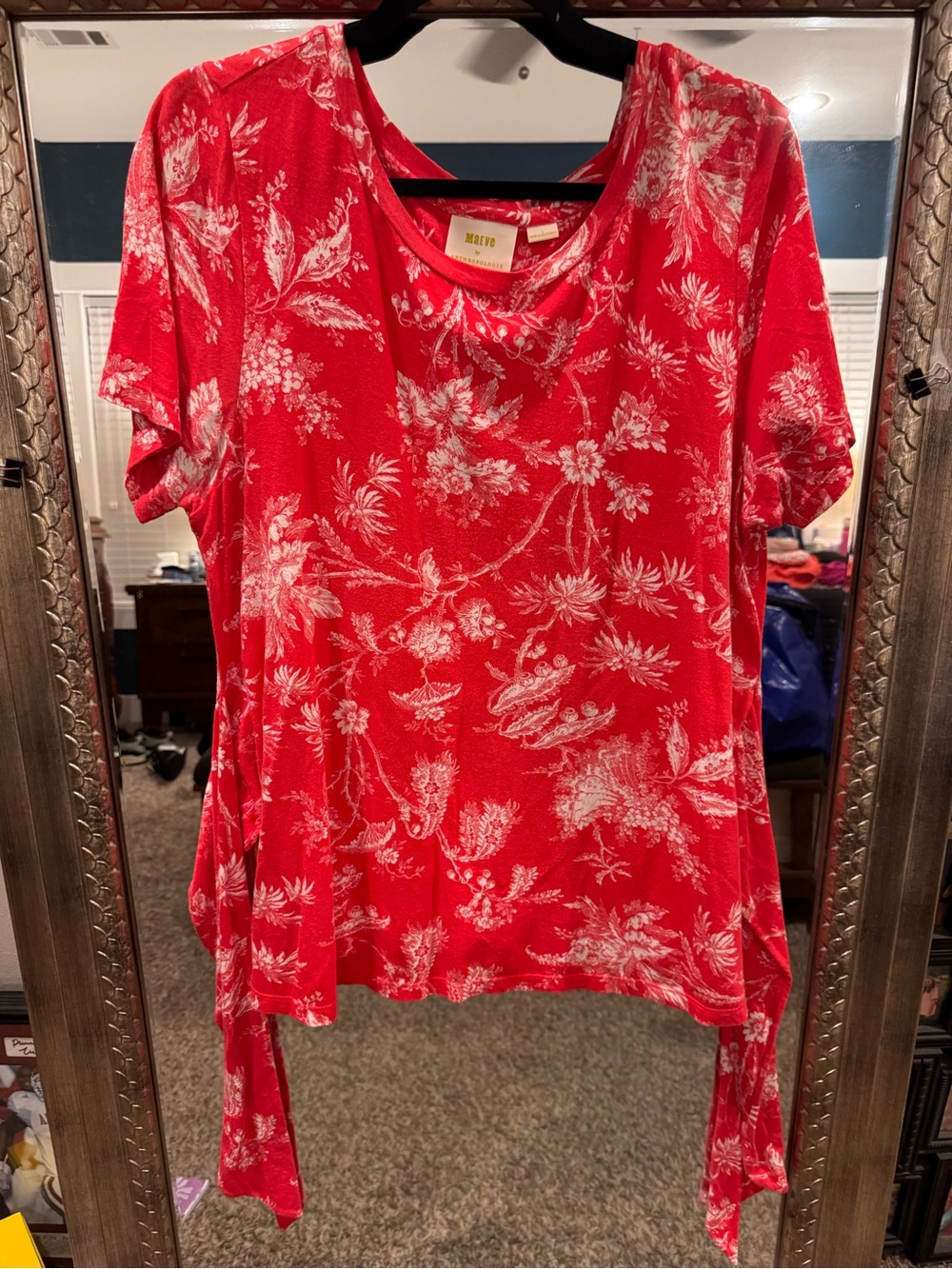 Anthropologie Red Short-Sleeve Floral Adjustable Tie-Waist Tee